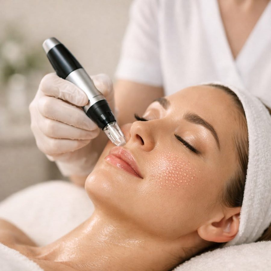 Physician performing a microneedling treatment on a patient's cheek